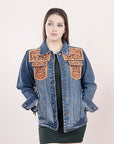 ADJKT008 Genuine leather Hand tooled hand carved Women 100% cotton Denim jacket dress ladies girl