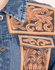 ADJKT008 Genuine leather Hand tooled hand carved Women 100% cotton Denim jacket dress ladies girl