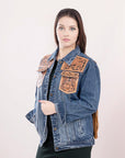 ADJKT010 Genuine leather Hand tooled hand carved Women 100% cotton Denim jacket dress ladies girl