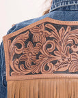 ADJKT010 Genuine leather Hand tooled hand carved Women 100% cotton Denim jacket dress ladies girl