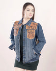 ADJKT008 Genuine leather Hand tooled hand carved Women 100% cotton Denim jacket dress ladies girl
