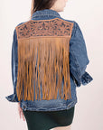 ADJKT008 Genuine leather Hand tooled hand carved Women 100% cotton Denim jacket dress ladies girl
