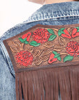ADJKT010 Genuine leather Hand tooled hand carved Women 100% cotton Denim jacket dress ladies girl