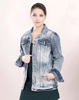 ADJKT010 Genuine leather Hand tooled hand carved Women 100% cotton Denim jacket dress ladies girl