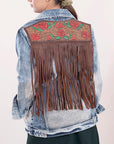 ADJKT010 Genuine leather Hand tooled hand carved Women 100% cotton Denim jacket dress ladies girl