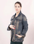 ADJKT011 Genuine leather Hand tooled hand carved Women 100% cotton Denim jacket dress ladies girl