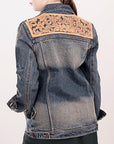 ADJKT011 Genuine leather Hand tooled hand carved Women 100% cotton Denim jacket dress ladies girl
