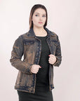 ADJKT012 Genuine leather Hand tooled hand carved Women 100% cotton Denim jacket dress ladies girl