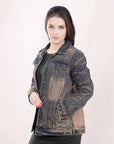 ADJKT012 Genuine leather Hand tooled hand carved Women 100% cotton Denim jacket dress ladies girl