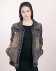 ADJKT012 Genuine leather Hand tooled hand carved Women 100% cotton Denim jacket dress ladies girl