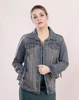 ADJKT013 Genuine leather Hand tooled hand carved Women 100% cotton Denim jacket dress ladies girl