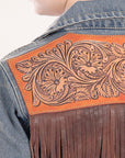ADJKT013 Genuine leather Hand tooled hand carved Women 100% cotton Denim jacket dress ladies girl