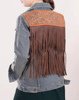 ADJKT013 Genuine leather Hand tooled hand carved Women 100% cotton Denim jacket dress ladies girl