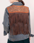 ADJKT013 Genuine leather Hand tooled hand carved Women 100% cotton Denim jacket dress ladies girl