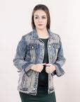 ADJKT014 Genuine leather Hand tooled hand carved Women 100% cotton Denim jacket dress ladies girl
