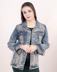 ADJKT014 Genuine leather Hand tooled hand carved Women 100% cotton Denim jacket dress ladies girl