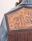 ADJKT014 Genuine leather Hand tooled hand carved Women 100% cotton Denim jacket dress ladies girl