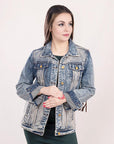 ADJKT014 Genuine leather Hand tooled hand carved Women 100% cotton Denim jacket dress ladies girl