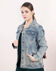 ADJKT015 Genuine leather Hand tooled hand carved Women 100% cotton Denim jacket dress ladies girl