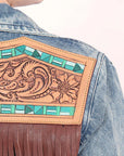 ADJKT015 Genuine leather Hand tooled hand carved Women 100% cotton Denim jacket dress ladies girl