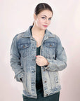 ADJKT015 Genuine leather Hand tooled hand carved Women 100% cotton Denim jacket dress ladies girl