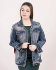 ADJKT016 Genuine leather Hand tooled hand carved Women 100% cotton Denim jacket dress ladies girl
