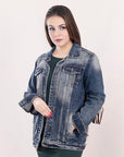 ADJKT016 Genuine leather Hand tooled hand carved Women 100% cotton Denim jacket dress ladies girl