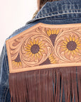 ADJKT016 Genuine leather Hand tooled hand carved Women 100% cotton Denim jacket dress ladies girl