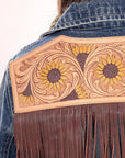 ADJKT016 Genuine leather Hand tooled hand carved Women 100% cotton Denim jacket dress ladies girl