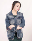ADJKT016 Genuine leather Hand tooled hand carved Women 100% cotton Denim jacket dress ladies girl