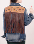 ADJKT016 Genuine leather Hand tooled hand carved Women 100% cotton Denim jacket dress ladies girl