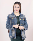 ADJKT017 Genuine leather Hand tooled hand carved Women 100% cotton Denim jacket dress ladies girl