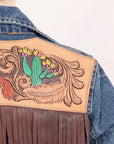 ADJKT017 Genuine leather Hand tooled hand carved Women 100% cotton Denim jacket dress ladies girl
