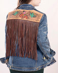 ADJKT017 Genuine leather Hand tooled hand carved Women 100% cotton Denim jacket dress ladies girl