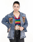 ADJKT001 Genuine leather Hand tooled hand carved Women 100% cotton Denim jacket dress ladies girl