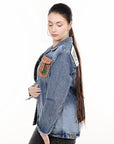 ADJKT001 Genuine leather Hand tooled hand carved Women 100% cotton Denim jacket dress ladies girl