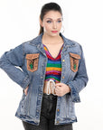 ADJKT001 Genuine leather Hand tooled hand carved Women 100% cotton Denim jacket dress ladies girl