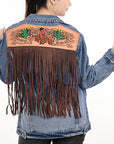 ADJKT001 Genuine leather Hand tooled hand carved Women 100% cotton Denim jacket dress ladies girl