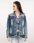 ADJKT005 Genuine leather Hand tooled hand carved Women 100% cotton Denim jacket dress ladies girl