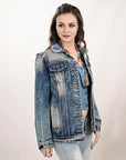 ADJKT005 Genuine leather Hand tooled hand carved Women 100% cotton Denim jacket dress ladies girl