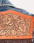 ADJKT005 Genuine leather Hand tooled hand carved Women 100% cotton Denim jacket dress ladies girl