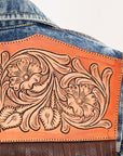 ADJKT005 Genuine leather Hand tooled hand carved Women 100% cotton Denim jacket dress ladies girl