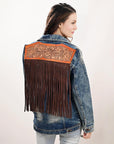 ADJKT005 Genuine leather Hand tooled hand carved Women 100% cotton Denim jacket dress ladies girl