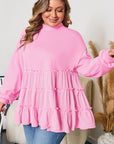Plus Size Solid Ruffle Tiered Ribbed Crewneck Top