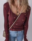 Floral Ribbed Notched Neck Long Sleeve Top