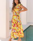 Dani Cheetah Plant Shirred Button V Neck Maxi Dress