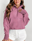Solid Fleece-Lined Half-Zip Up Collar Sweatshirt