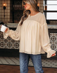 Solid Chiffon Pleated Ruffle Long Sleeve Blouse