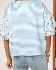 Stripe Floral 3/4 Puff Sleeve Top