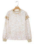 Leopard Ruffle Ribbed Trim Round Neck Sweatshirt